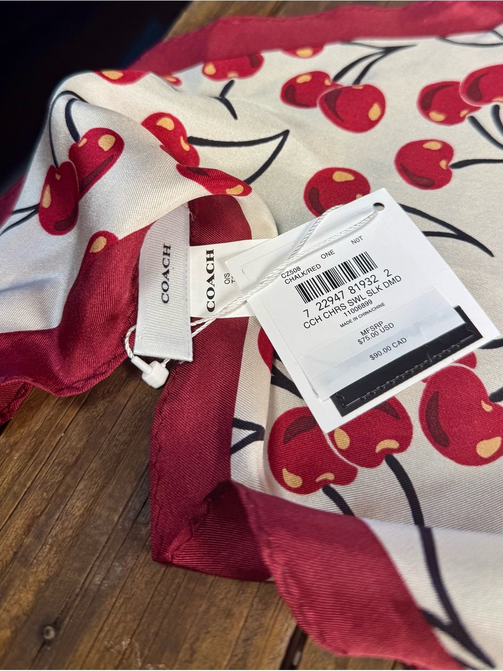 Coach Cherry Print Silk Diamond Scarf Chalk Red CZ508 NWT